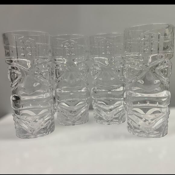Set of 4 Clear Tiki Face Glasses by Forum –Heavy Pressed Glass Cocktail Tumblers - Picture 7 of 7